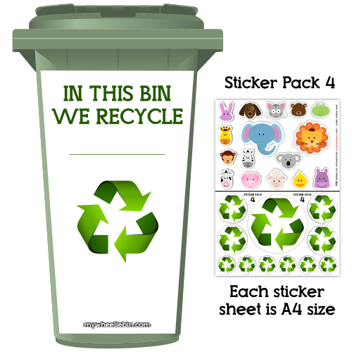 Self Adhesive Vinyl Pack of 4 Stickers MyWheelieBin Mixed Set of Recycling Bin Signs/Stickers Pack 